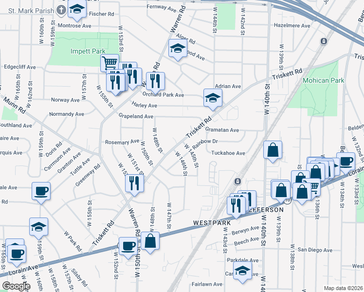 map of restaurants, bars, coffee shops, grocery stores, and more near 14700 Triskett Road in Cleveland
