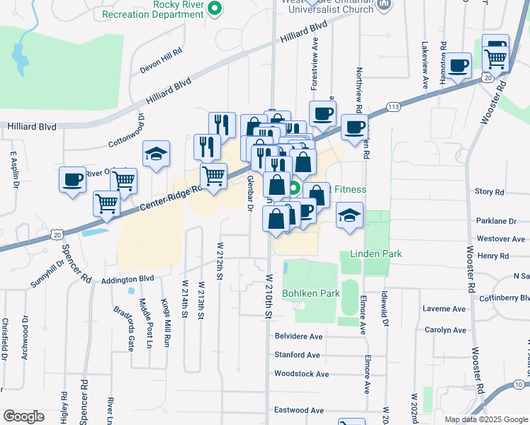 map of restaurants, bars, coffee shops, grocery stores, and more near 3200 West 210th Street in Fairview Park