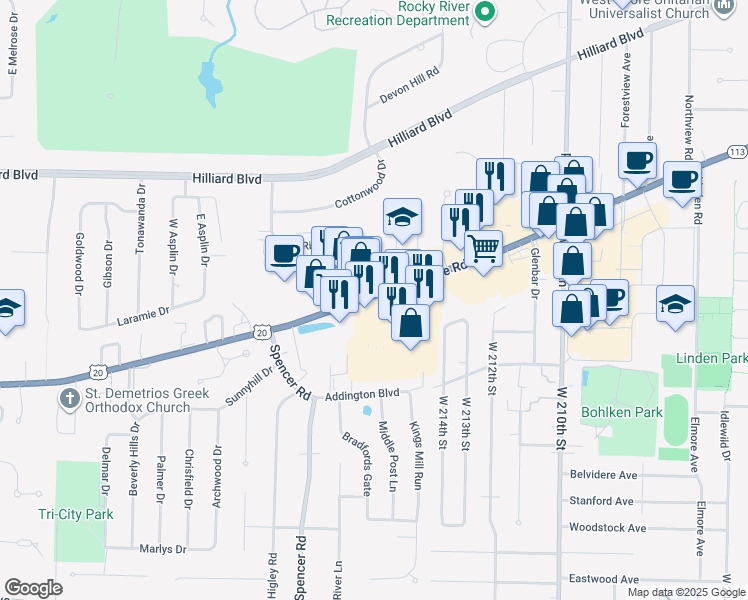 map of restaurants, bars, coffee shops, grocery stores, and more near 21690 River Oaks Drive in Rocky River