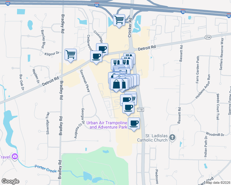 map of restaurants, bars, coffee shops, grocery stores, and more near 204 Crocker Park Boulevard in Westlake