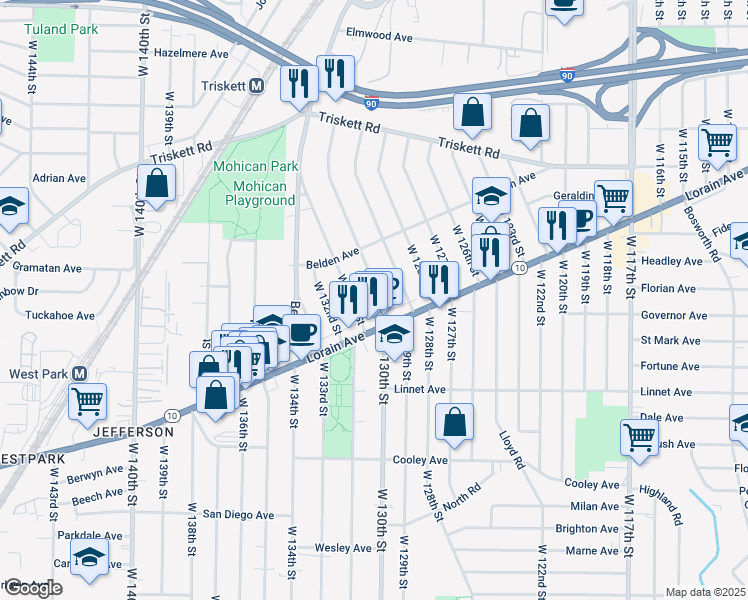 map of restaurants, bars, coffee shops, grocery stores, and more near 3420 West 130th Street in Cleveland