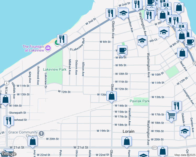 map of restaurants, bars, coffee shops, grocery stores, and more near 1303 West 10th Street in Lorain