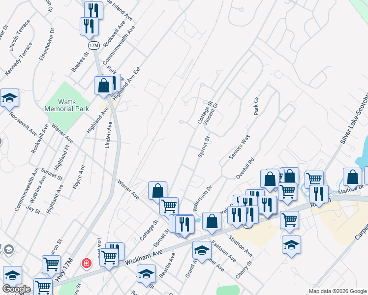 map of restaurants, bars, coffee shops, grocery stores, and more near 267 Cottage Street in Middletown