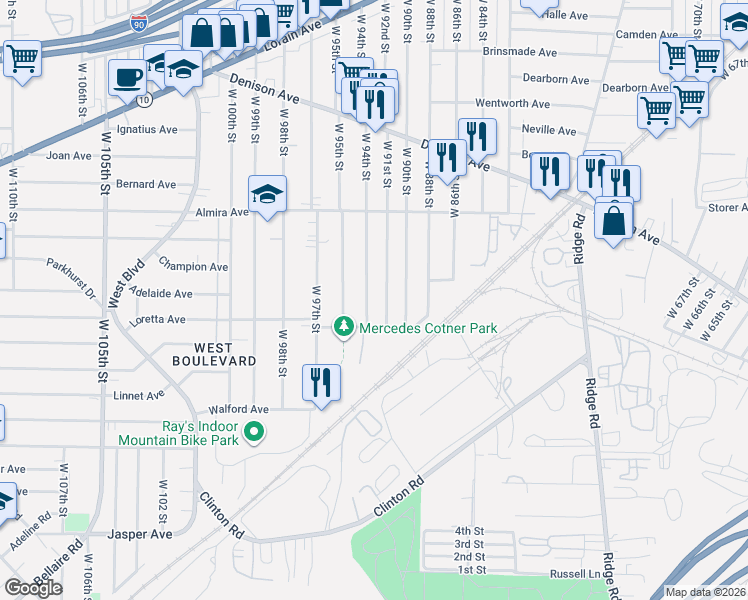 map of restaurants, bars, coffee shops, grocery stores, and more near 3452 West 91st Street in Cleveland