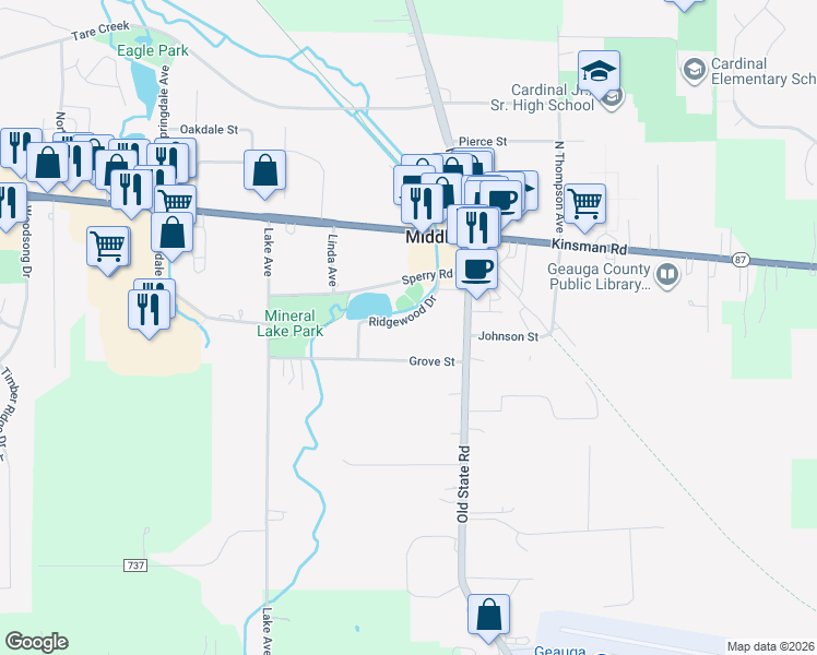 map of restaurants, bars, coffee shops, grocery stores, and more near 15897 Ridgewood Drive in Middlefield