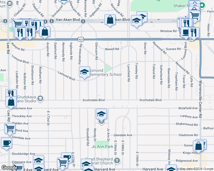 map of restaurants, bars, coffee shops, grocery stores, and more near 3661 Gridley Road in Shaker Heights