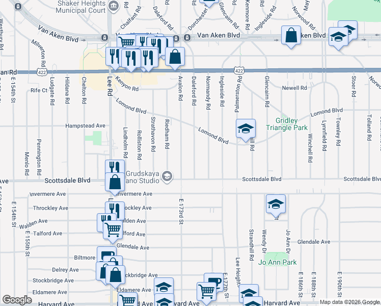 map of restaurants, bars, coffee shops, grocery stores, and more near 3686 Daleford Road in Cleveland