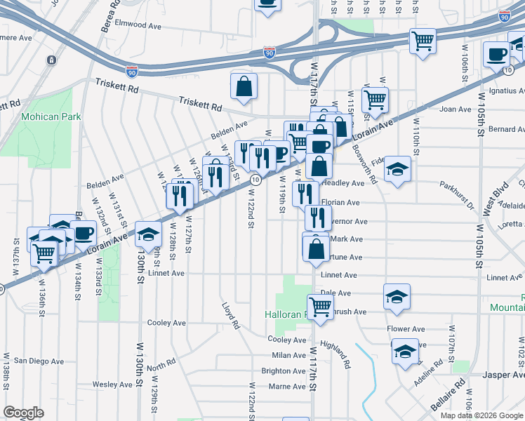 map of restaurants, bars, coffee shops, grocery stores, and more near 3403 West 122nd Street in Cleveland