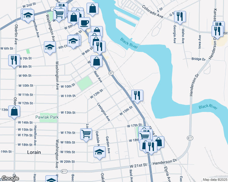 map of restaurants, bars, coffee shops, grocery stores, and more near 211 West 12th Street in Lorain