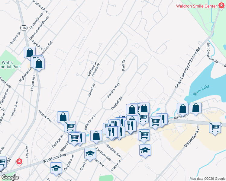 map of restaurants, bars, coffee shops, grocery stores, and more near 39 Seniors Way in Middletown