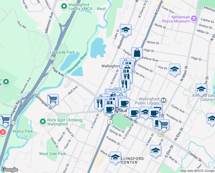 map of restaurants, bars, coffee shops, grocery stores, and more near 120 North Cherry Street in Wallingford