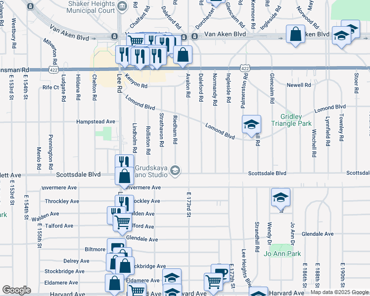 map of restaurants, bars, coffee shops, grocery stores, and more near 3686 Avalon Road in Shaker Heights