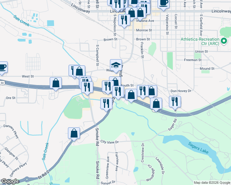 map of restaurants, bars, coffee shops, grocery stores, and more near State Road 2 in Valparaiso