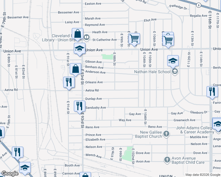 map of restaurants, bars, coffee shops, grocery stores, and more near 9703 Orleans Avenue in Cleveland