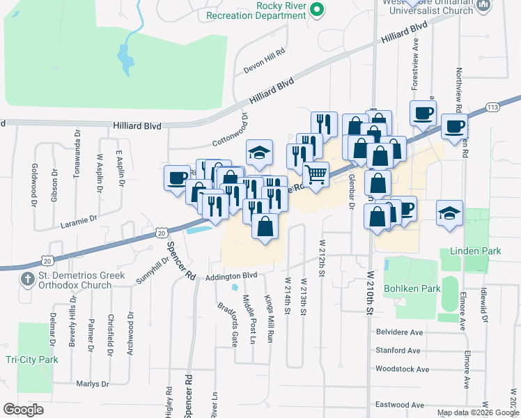 map of restaurants, bars, coffee shops, grocery stores, and more near 21641 U.S. 20 in Elyria