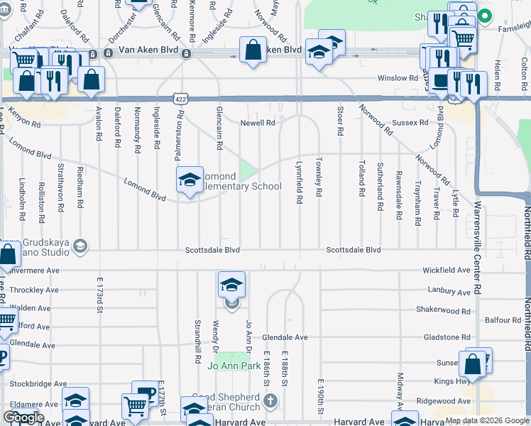 map of restaurants, bars, coffee shops, grocery stores, and more near 3683 Latimore Road in Shaker Heights