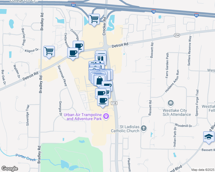 map of restaurants, bars, coffee shops, grocery stores, and more near 148 Crocker Park Boulevard in Westlake