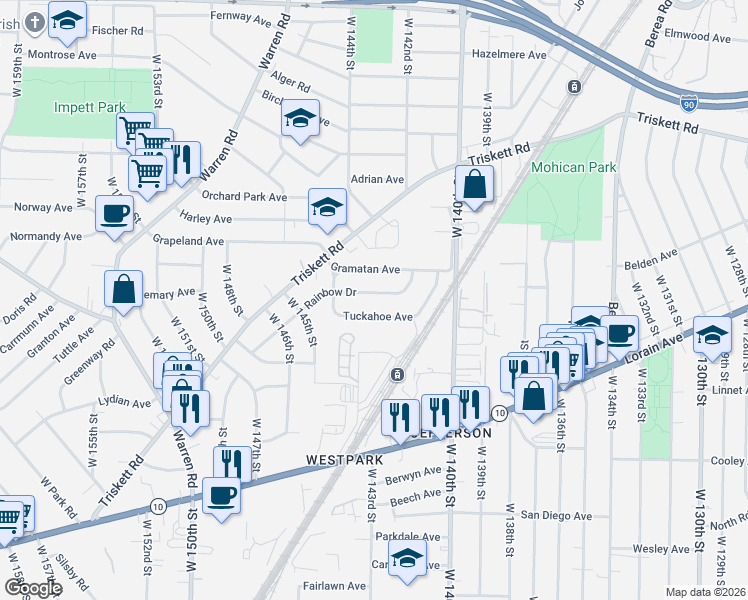 map of restaurants, bars, coffee shops, grocery stores, and more near 14223 Gramatan Avenue in Cleveland