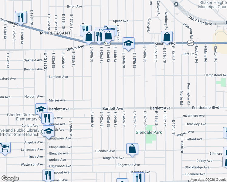 map of restaurants, bars, coffee shops, grocery stores, and more near 3680 East 144th Street in Cleveland