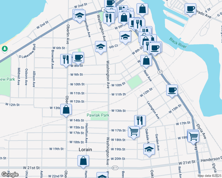 map of restaurants, bars, coffee shops, grocery stores, and more near 1023 Washington Avenue in Lorain