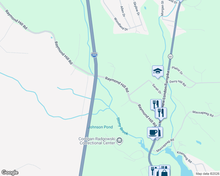 map of restaurants, bars, coffee shops, grocery stores, and more near 245 Raymond Hill Road in Montville