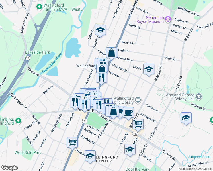 map of restaurants, bars, coffee shops, grocery stores, and more near 199 North Colony Street in Wallingford