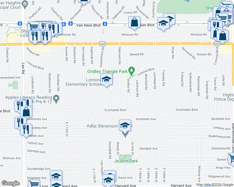 map of restaurants, bars, coffee shops, grocery stores, and more near 18129 Lomond Boulevard in Shaker Heights