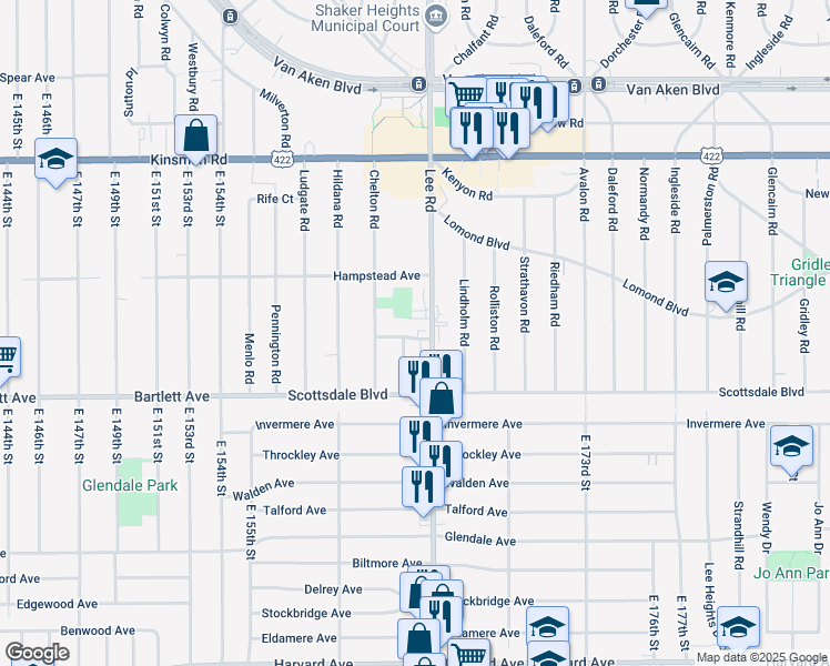 map of restaurants, bars, coffee shops, grocery stores, and more near 3654 Lee Road in Shaker Heights
