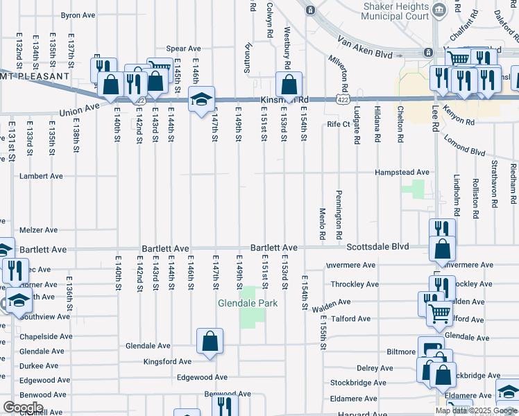 map of restaurants, bars, coffee shops, grocery stores, and more near 3656 East 151st Street in Cleveland