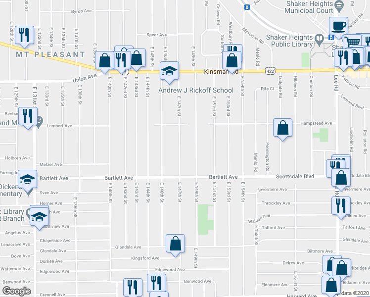 map of restaurants, bars, coffee shops, grocery stores, and more near 3658 East 149th Street in Cleveland