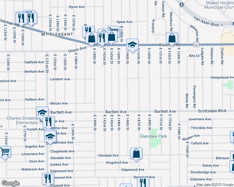 map of restaurants, bars, coffee shops, grocery stores, and more near 3653 East 143rd Street in Cleveland