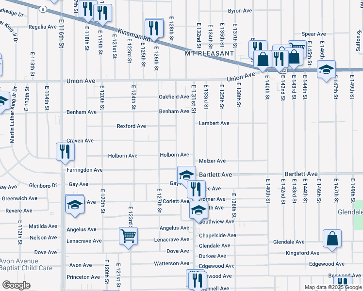 map of restaurants, bars, coffee shops, grocery stores, and more near 3633 East 129th Street in Cleveland