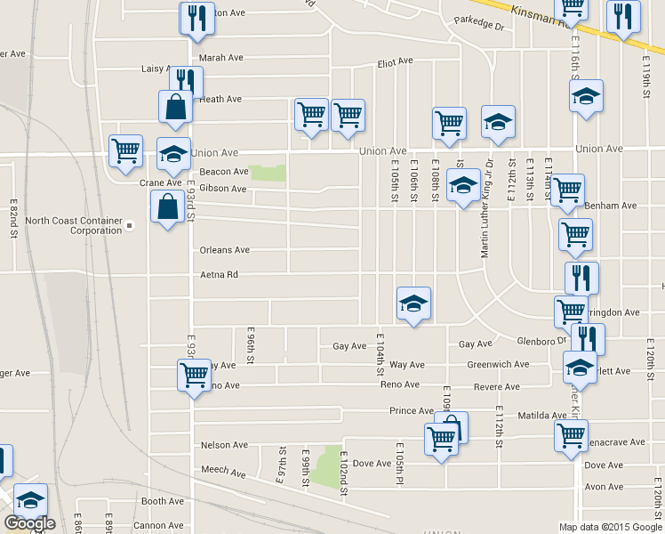 map of restaurants, bars, coffee shops, grocery stores, and more near 10008 Orleans Avenue in Cleveland