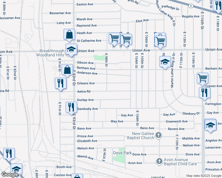 map of restaurants, bars, coffee shops, grocery stores, and more near 9801 Orleans Avenue in Cleveland