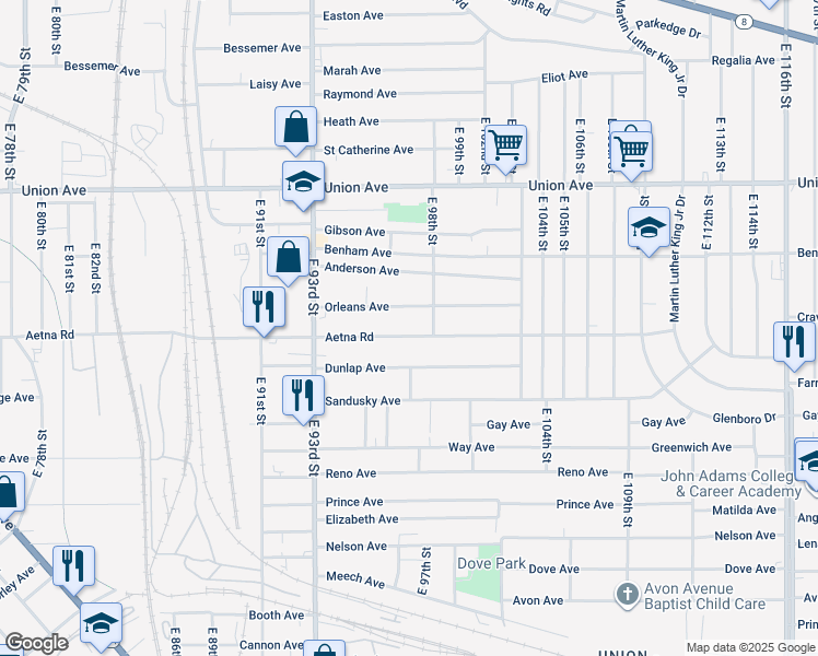 map of restaurants, bars, coffee shops, grocery stores, and more near 9703 Orleans Avenue in Cleveland