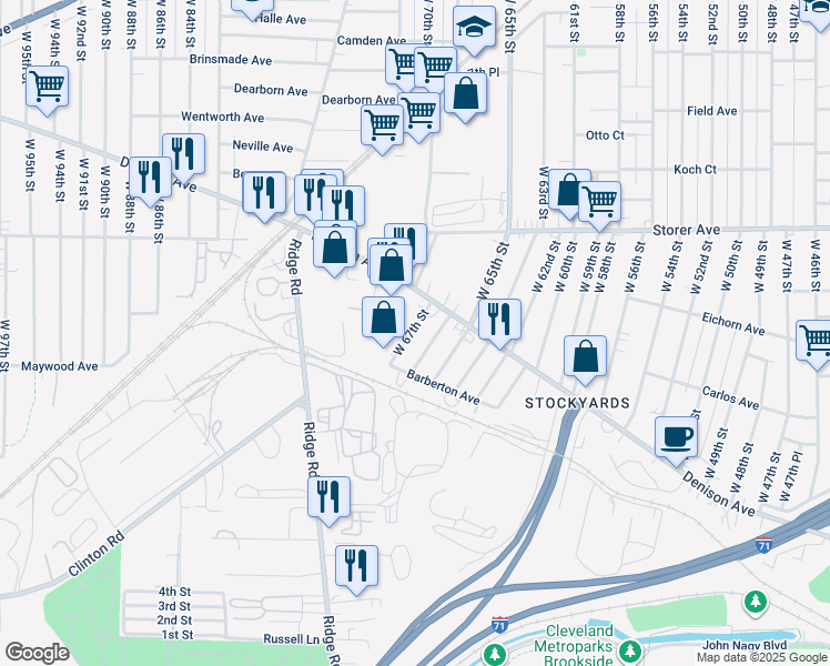 map of restaurants, bars, coffee shops, grocery stores, and more near 3527 West 67th Street in Cleveland