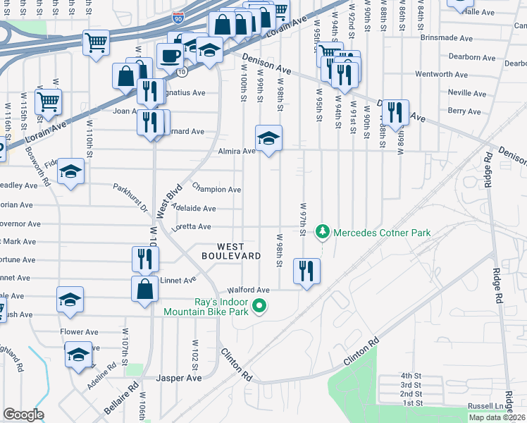 map of restaurants, bars, coffee shops, grocery stores, and more near 3444 West 98th Street in Cleveland