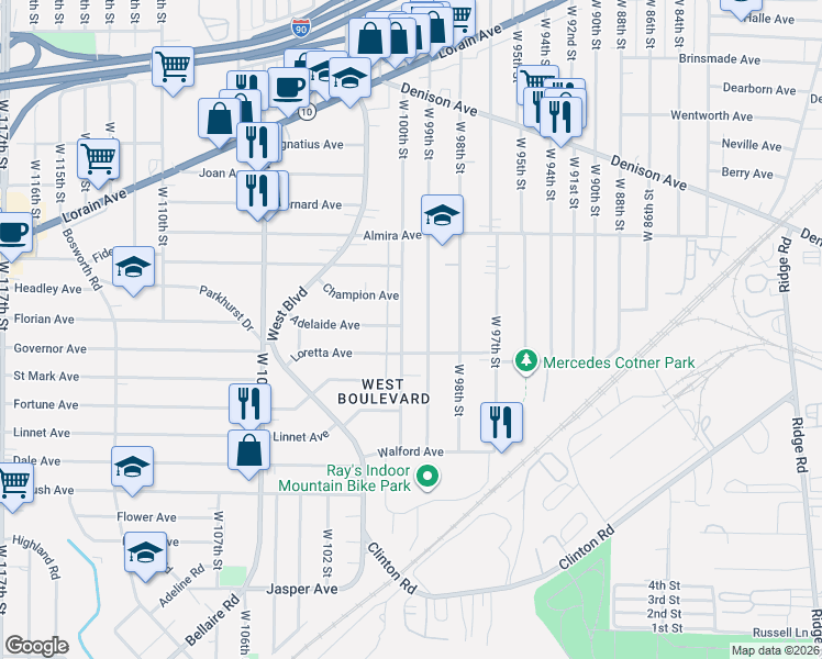 map of restaurants, bars, coffee shops, grocery stores, and more near 3431 West 100th Street in Cleveland
