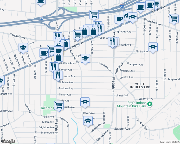 map of restaurants, bars, coffee shops, grocery stores, and more near 11005 Parkhurst Drive in Cleveland