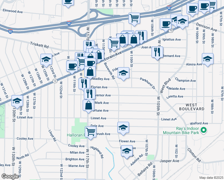 map of restaurants, bars, coffee shops, grocery stores, and more near 3398 Bosworth Road in Cleveland