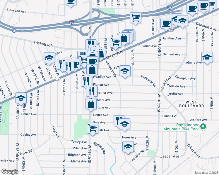 map of restaurants, bars, coffee shops, grocery stores, and more near 11400 Florian Avenue in Cleveland