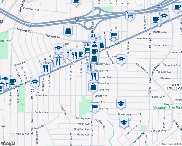 map of restaurants, bars, coffee shops, grocery stores, and more near 3403 West 118th Street in Cleveland