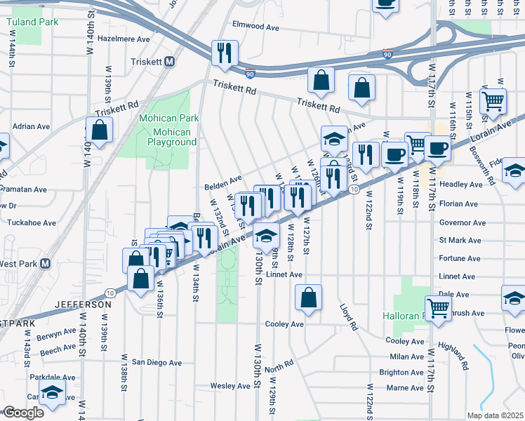 map of restaurants, bars, coffee shops, grocery stores, and more near 3399 West 130th Street in Cleveland