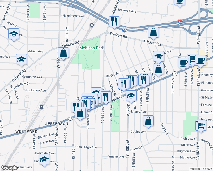 map of restaurants, bars, coffee shops, grocery stores, and more near 3395 West 133rd Street in Cleveland
