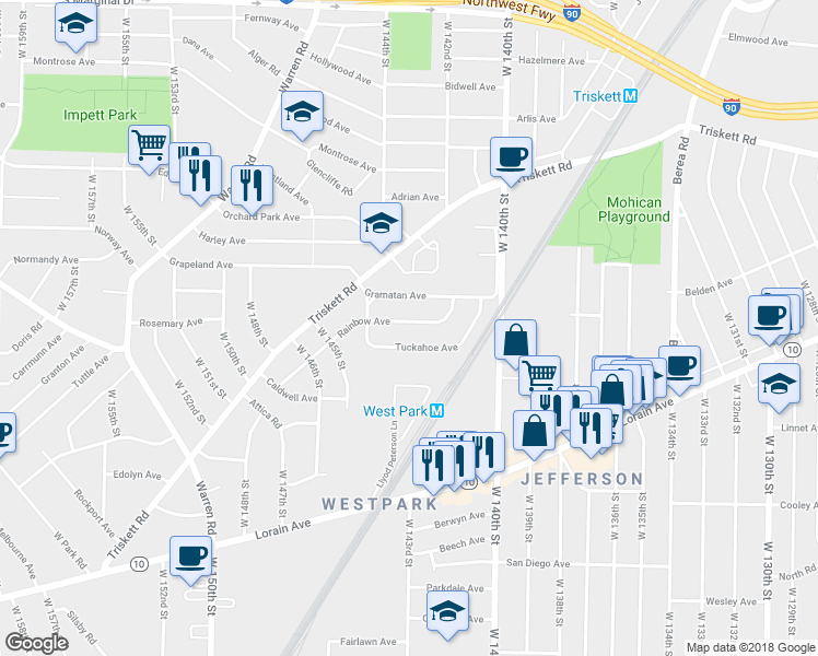 map of restaurants, bars, coffee shops, grocery stores, and more near 14223 Gramatan Avenue in Cleveland