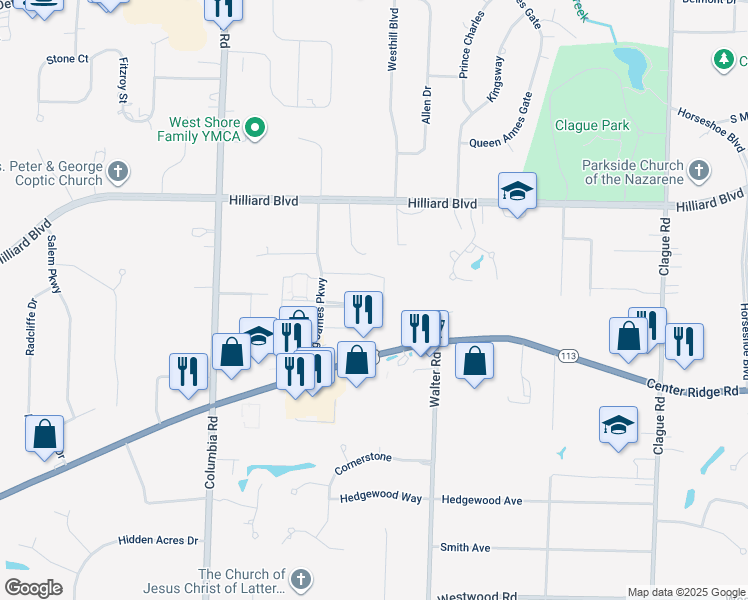 map of restaurants, bars, coffee shops, grocery stores, and more near 1931 King James Parkway in Westlake