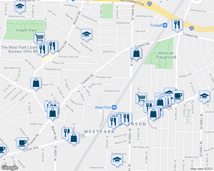 map of restaurants, bars, coffee shops, grocery stores, and more near 14225 Rainbow Avenue in Cleveland