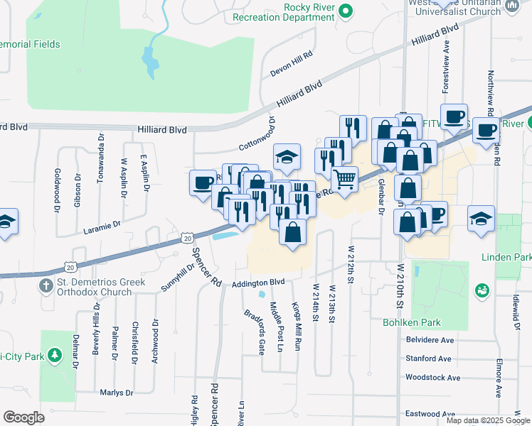 map of restaurants, bars, coffee shops, grocery stores, and more near 21964 River Oaks Drive in Rocky River