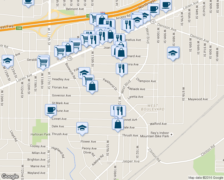 map of restaurants, bars, coffee shops, grocery stores, and more near 10615 Florian Avenue in Cleveland