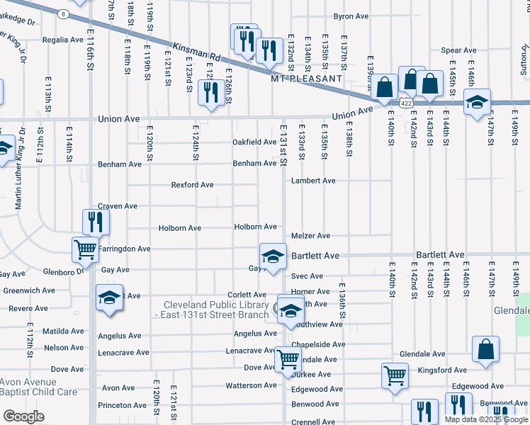 map of restaurants, bars, coffee shops, grocery stores, and more near 3633 East 129th Street in Cleveland